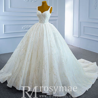 Luxury Beaded Ball Gown Queen-ann Wedding Dress with Wide Strap