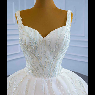 Luxury Beaded Ball Gown Queen-ann Wedding Dress with Wide Strap