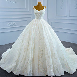 Luxury Beaded Ball Gown Queen-ann Wedding Dress with Wide Strap