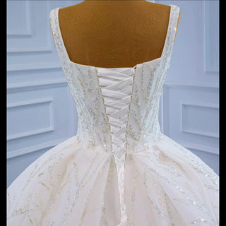 Robe de mariée de luxe à perles style reine-Ann avec larges bretelles