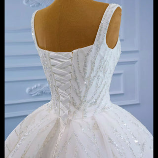 Luxury Beaded Ball Gown Queen-ann Wedding Dress with Wide Strap