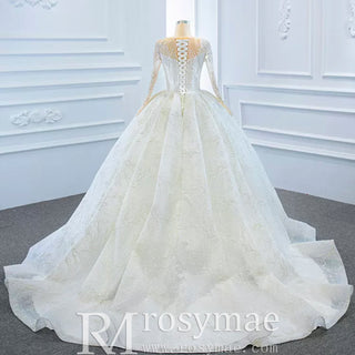 Long Sleeve Lace Puffy Wedding Dress Vintage Ball Gown