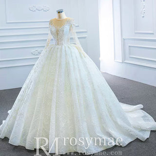 Long Sleeve Lace Puffy Wedding Dress Vintage Ball Gown