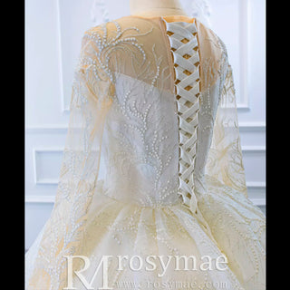 Long Sleeve Lace Puffy Wedding Dress Vintage Ball Gown