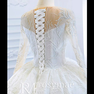 Long Sleeve Lace Puffy Wedding Dress Vintage Ball Gown