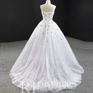 Strapless Beaded Star Wedding Dress Sheer A-line Bridal Gown