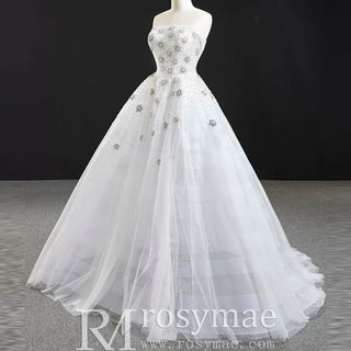 Strapless Beaded Star Wedding Dress Sheer A-line Bridal Gown