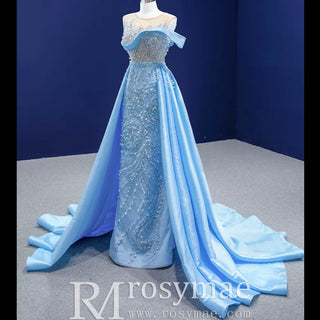 High-end Pool Blue Beading Pearl Sequins Prom Dresses