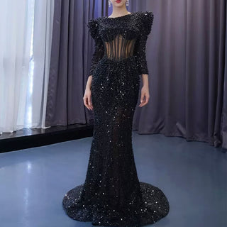 Sheer Bodice Black Mermaid Evening Dress Prom Gown with Long Sleeve