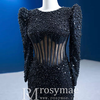 Sheer Bodice Black Mermaid Evening Dress Prom Gown with Long Sleeve