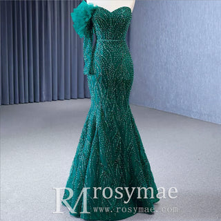 Beaded Green Mermaid Evening Dress Removable Overskirt One Shoulder Formal Dress