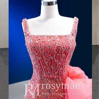 Beaded Hot Pink Ruffled Mermaid Evening Dress Square Neck Prom Gown
