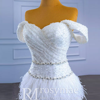 Mermaid Sequins Off the Shoulder Wedding Dress with Feather