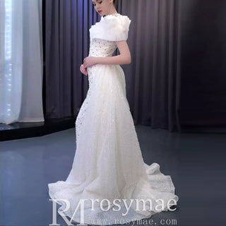 High-end One Shoulder Long Sleeve Wedding Dress with High Back