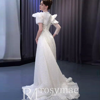 High-end One Shoulder Long Sleeve Wedding Dress with High Back