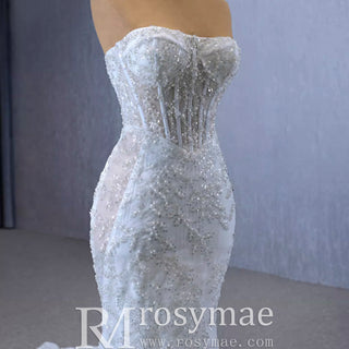 Vestido de novia brillante de alta gama, entallado y con vuelo, con corpiño transparente