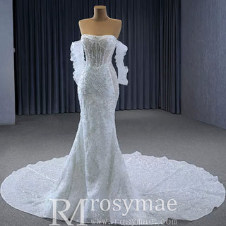 Vestido de novia brillante de alta gama, entallado y con vuelo, con corpiño transparente