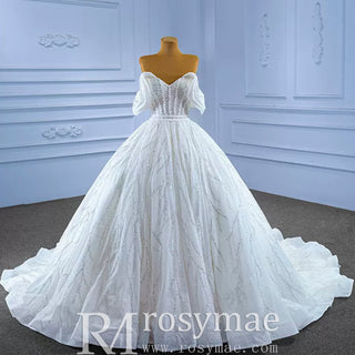 Modest Sparkly Puffy Skirt Ball Gown Wedding dress with Off the Shoulder