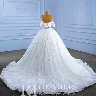 Modest Sparkly Puffy Skirt Ball Gown Wedding dress with Off the Shoulder