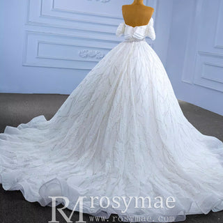 Modest Sparkly Puffy Skirt Ball Gown Wedding dress with Off the Shoulder