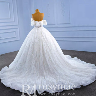 Modest Sparkly Puffy Skirt Ball Gown Wedding dress with Off the Shoulder