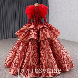 Sequined Lace Puffy Long Sleeve Ruffle Big Quinceanera Dress with O Neck