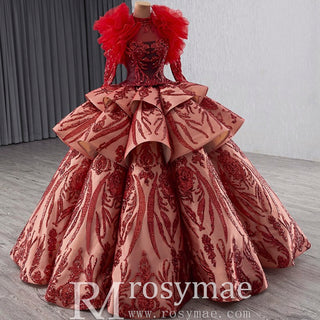 Sequined Lace Puffy Long Sleeve Ruffle Big Quinceanera Dress with O Neck