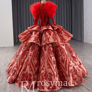 Sequined Lace Puffy Long Sleeve Ruffle Big Quinceanera Dress with O Neck