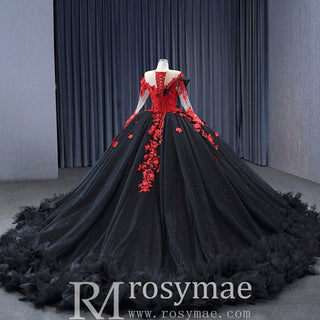 Sparkly Black Ball Gown Wedding Dress Lace Appliqued Quinceanera Gown