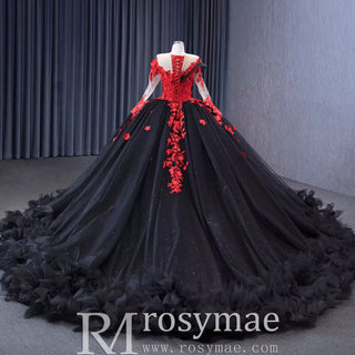 Sparkly Black Ball Gown Wedding Dress Lace Appliqued Quinceanera Gown