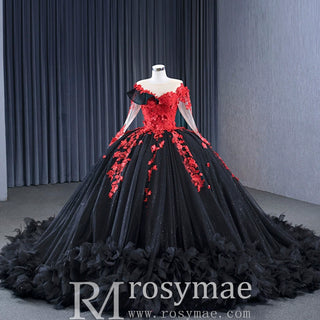 Sparkly Black Ball Gown Wedding Dress Lace Appliqued Quinceanera Gown