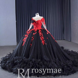 Sparkly Black Ball Gown Wedding Dress Lace Appliqued Quinceanera Gown