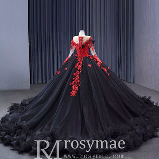 Sparkly Black Ball Gown Wedding Dress Lace Appliqued Quinceanera Gown