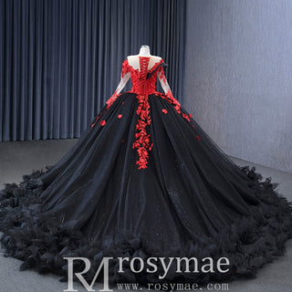 Sparkly Black Ball Gown Wedding Dress Lace Appliqued Quinceanera Gown