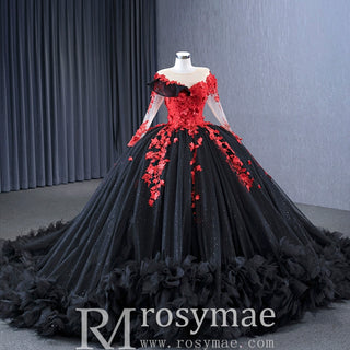 Sparkly Black Ball Gown Wedding Dress Lace Appliqued Quinceanera Gown