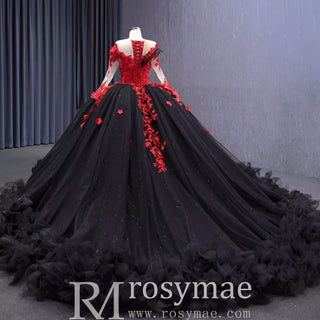 Sparkly Black Ball Gown Wedding Dress Lace Appliqued Quinceanera Gown