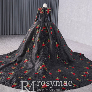 Elegant Black Lace Rose Wedding Gown Long Sleeve Quinceanera Dress