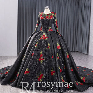 Elegant Black Lace Rose Wedding Gown Long Sleeve Quinceanera Dress