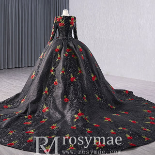 Elegant Black Lace Rose Wedding Gown Long Sleeve Quinceanera Dress