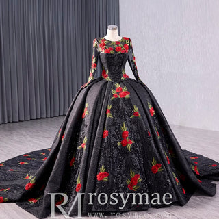 Elegant Black Lace Rose Wedding Gown Long Sleeve Quinceanera Dress