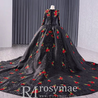 Elegant Black Lace Rose Wedding Gown Long Sleeve Quinceanera Dress