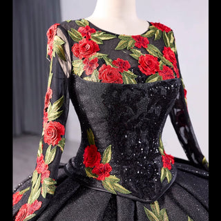 Elegant Black Lace Rose Wedding Gown Long Sleeve Quinceanera Dress