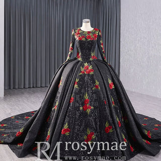 Elegant Black Lace Rose Wedding Gown Long Sleeve Quinceanera Dress