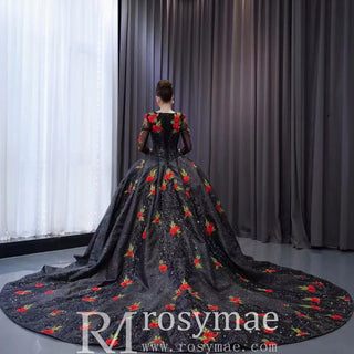 Elegant Black Lace Rose Wedding Gown Long Sleeve Quinceanera Dress