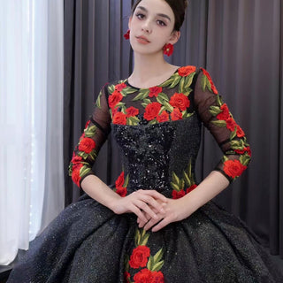 Elegant Black Lace Rose Wedding Gown Long Sleeve Quinceanera Dress