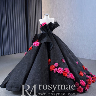 Black 3D Flowers Ball Gown Sparkly  Wedding Dress with Puffy Skirt