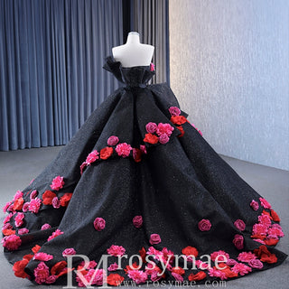 Black 3D Flowers Ball Gown Sparkly  Wedding Dress with Puffy Skirt