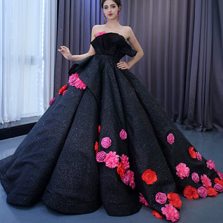 Black 3D Flowers Ball Gown Sparkly  Wedding Dress with Puffy Skirt