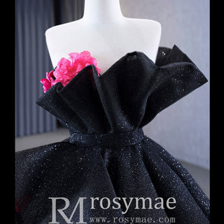 Black 3D Flowers Ball Gown Sparkly  Wedding Dress with Puffy Skirt