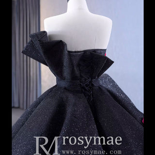 Black 3D Flowers Ball Gown Sparkly  Wedding Dress with Puffy Skirt